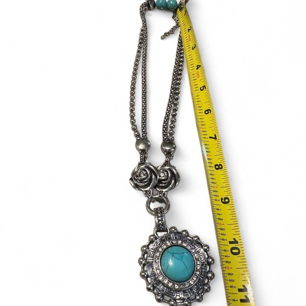 NWT Rose & Turquoise Silver-Tone Necklace with Matching Earrings — NWT, ~9″ - Picture 5 of 5